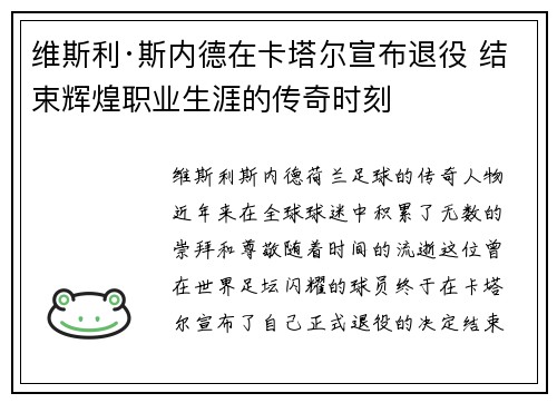 维斯利·斯内德在卡塔尔宣布退役 结束辉煌职业生涯的传奇时刻