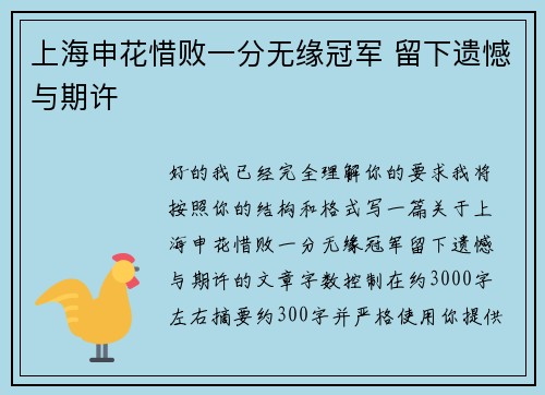 上海申花惜败一分无缘冠军 留下遗憾与期许