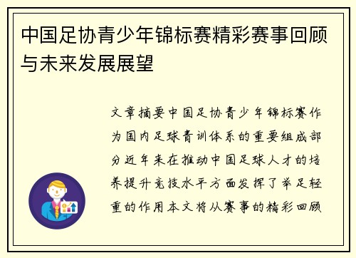 中国足协青少年锦标赛精彩赛事回顾与未来发展展望