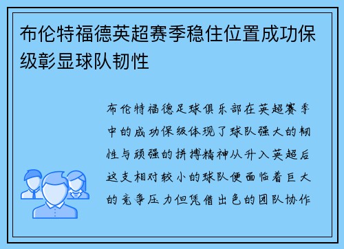 布伦特福德英超赛季稳住位置成功保级彰显球队韧性